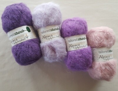 Brushed 12ply Purples-Pink Brushed 12ply Purples-Pink "mohair-look" 100% Australian alpaca yarn - Twilight Lavender, Wisteria(light mauve), Lilac, Shell Pink. Super soft on your skin.