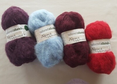 Brushed 12ply Traditional colours Brushed 12ply Traditional colours "mohair-look" 100% Australian alpaca yarn - Bilberry, Sky Blue, Claret, Scarlet. Super soft on your skin.