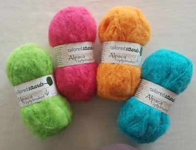 Brushed 12ply Brushed 12ply"Brights". Minimum 15% discount for "mohair-look"100% Australian alpaca yarn - green, hot pink, mango, aqua. Luxuriously soft on your skin. Ideal for jumpers, jackets, rugs & blanketing