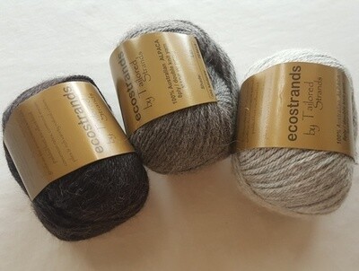 8ply 100% Australian Alpaca "ecostrands"naturals, Gold Collection, 3 of 10 colors in 50g balls Starting at AU$15.50 each, bulk discounts apply too - charcoal (black/super dark grey), mid grey, silver.
