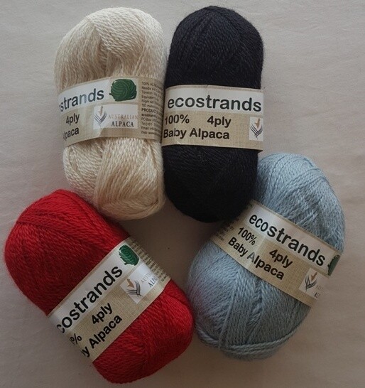 4ply 50gram 100% Australian Alpaca "ecostrands" 4 of 8 ball colors  AU$16 each - scarlet, ivory, ebony, ice/sky blue.