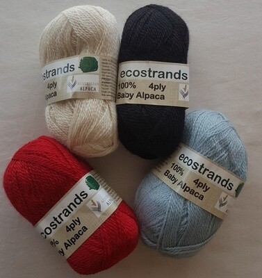4ply 50gram 100% Australian Alpaca "ecostrands" 4 of 8 ball colors  AU$16 each - scarlet, ivory, ebony, ice/sky blue.