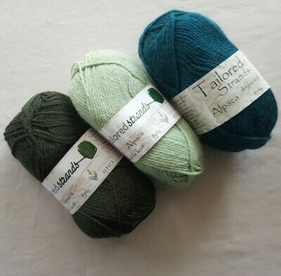 8ply Tailored Strands 100% Australian Alpaca green colours in 50g balls AU$14.95 each - olive, lichen, teal