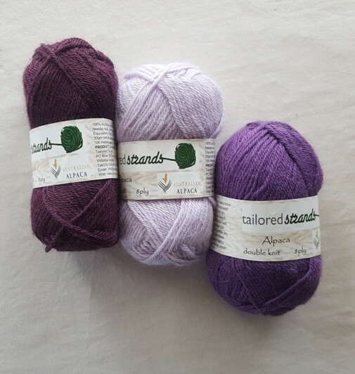 8ply Tailored Strands 100% Australian Alpaca purple-mauve colours in 50g balls AU$14.95 each - bilberry, wisteria, twilight lavender