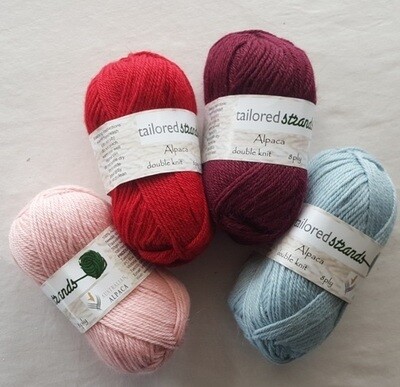 SUPER SPECIAL  100g for only AU$16.95  8ply Tailored Strands 100% Australian Alpaca classic colours in 50g balls. Normally 100g $37.90 or 50g $16.95  Dusty pink, scarlet, claret, sky blue