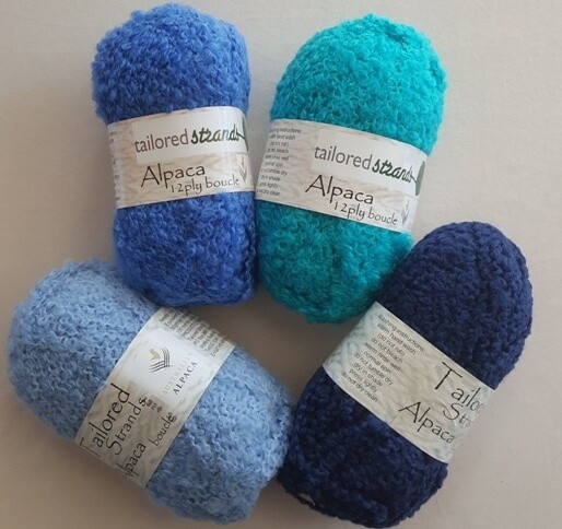 Boucle 12ply "Blues" Minimum 19% discount for 50grams 100% Australian alpaca yarn by Tailored Strands - sky blue, ocean blue, aqua, royal blue.  Ideal for  jumpers, jackets, rugs, blanketing.