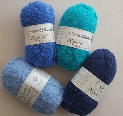 Boucle 12ply Boucle 12ply "Blues" Minimum 19% discount for 50grams 100% Australian alpaca yarn by Tailored Strands - sky blue, ocean blue, aqua, royal blue. Ideal for jumpers, jackets, rugs, blanketing.