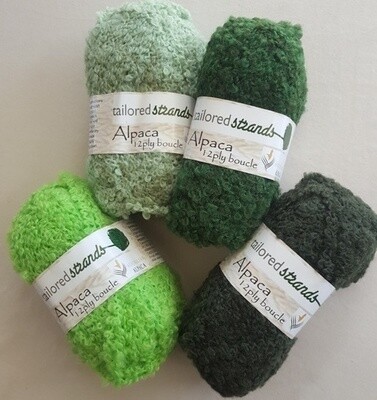 Boucle 12ply Boucle 12ply "Greens" 50grams Minimum 20% discount for 100% Australian alpaca yarn by Tailored Strands - apple green, lichen, emerald, (olive sold out). Ideal for jumpers, jackets, rugs, blanketing.