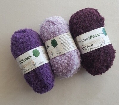 Boucle 12ply Boucle 12ply "Purple-mauves". Minimum 20% discount for 50grams "mohair-look" 100% Australian alpaca yarn -twilight lavender, wisteria(light mauve)or bilberry. Ideal in jumpers,jackets,rugs,blanketing.