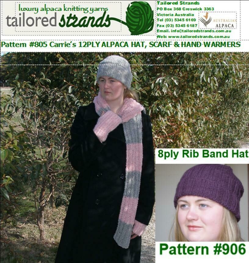 Tailored Strands Designer Patterns: No.805 Tailored Strands Designer Patterns: No.805 "Carrie's" 12ply Hat Scarf & Handwarmers (brushed, boucle or plain) & No.906 8ply Ribbed Band Hat (beanie)