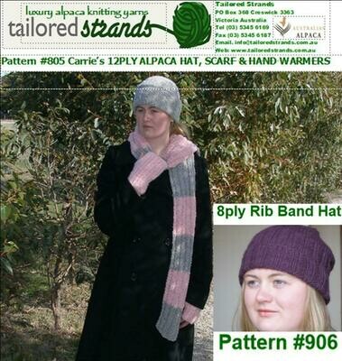 Tailored Strands Designer Patterns: No.805 Tailored Strands Designer Patterns: No.805 "Carrie's" 12ply Hat Scarf & Handwarmers (brushed, boucle or plain) & No.906 8ply Ribbed Band Hat (beanie)