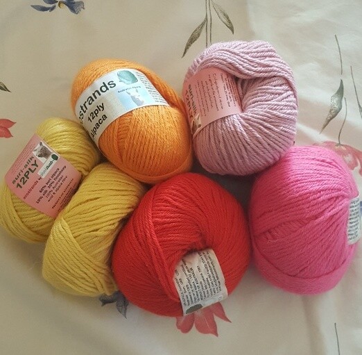SUPER SPECIAL 100grams 12ply AU$24.99 "Rainbows Collection" -Aussie baby alpaca or alpaca/finn wool  - RichLemon,  Mango, Shell Pink,  RufousRed & Cyclamen Pink.  Amazing savings !!!!