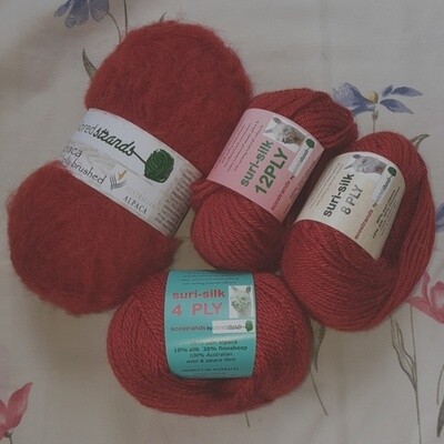 WOW SPECIAL, RUSTICS 100g package @ $17.50 AUSSIE ALPACA-Rich orange russet tones-redwood/naturals 8plyor12plyBrushed/Boucle 100% Australian alpaca. OR Suri-silk 4/12ply (60%surialpaca/ 30%finnsheep)