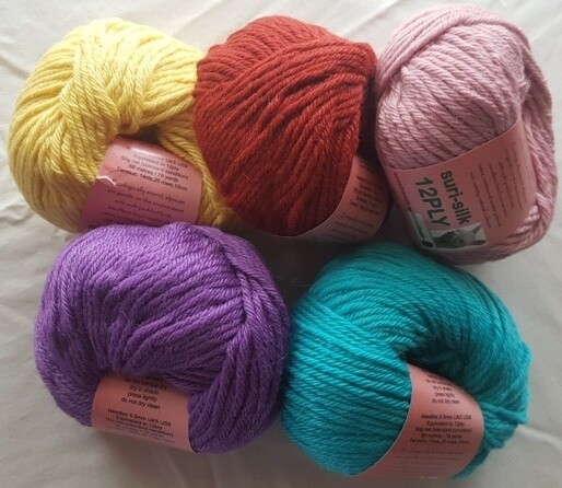 12ply 50g SURI SILK  superb rare baby suri (alpaca), lustrous fine finnsheep, silk blend - lemon, rustic, shell pink, lilac, seachange (aqua) in 50g balls