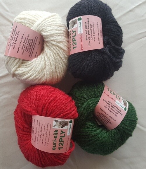 SUPER SPECIAL $13.00  12ply 50g SURI SILK  super soft rare baby suri (alpaca), lustrous fine finnsheep wool, silk blend - ebony, red, emerald, rust in 50g balls Normally $18.95ea.NOW 28%or more OFF at