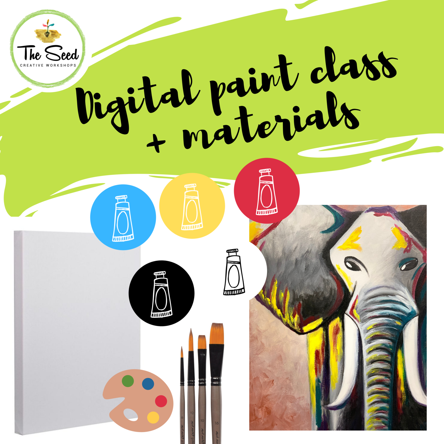 Elephant Digital painting class - materials + video + written instructions