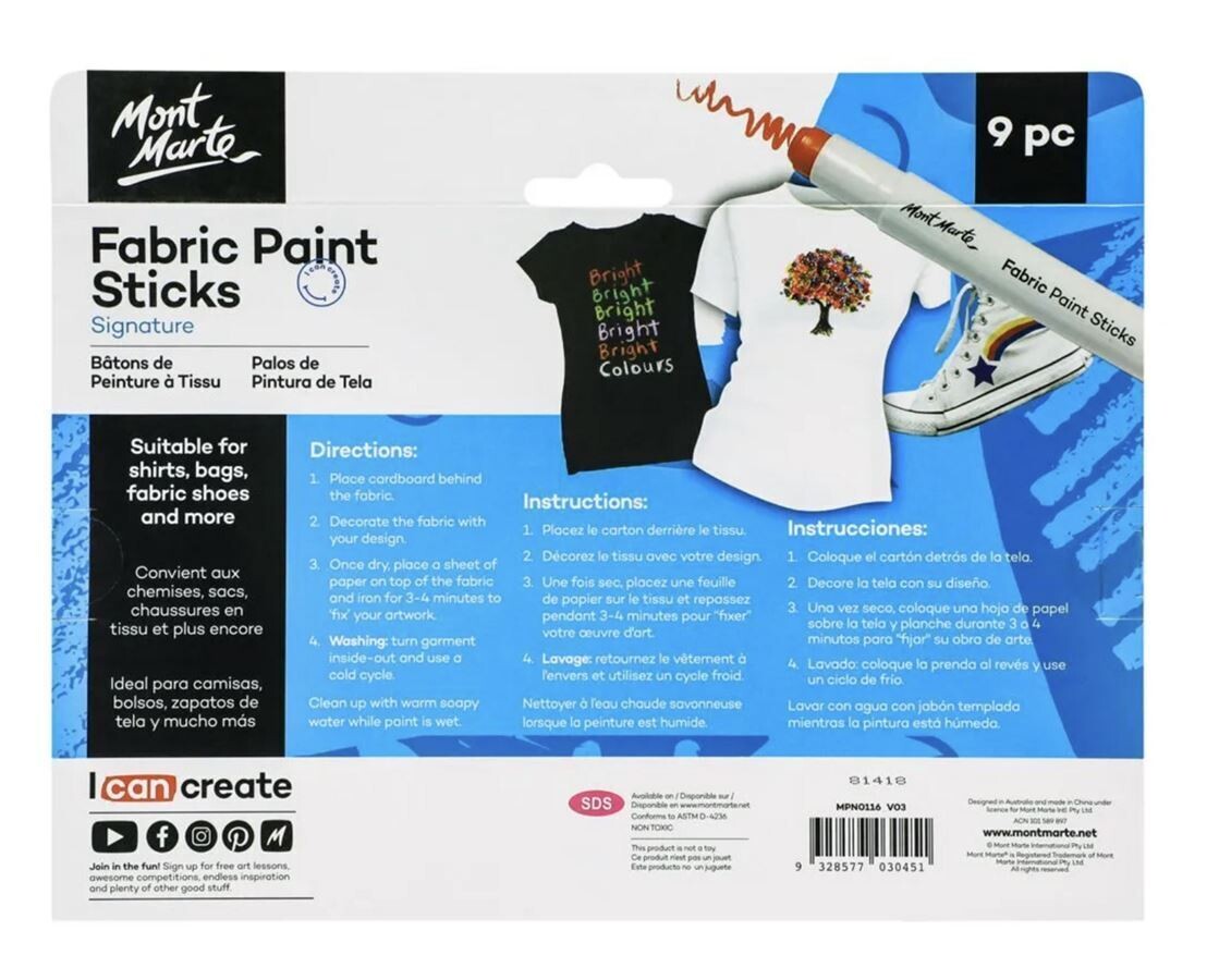 Mont Marte Signature Fabric Paint Sticks
Set of 9