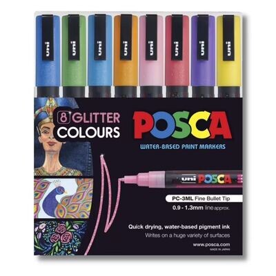 Uni Ball Posca Glitter Paint Pens 1.3mm PC3M 8 Pack - Assorted Colours