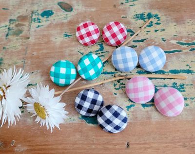 GINGHAM BUTTON EARRINGS | Fabric Studs