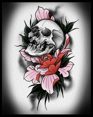 Neotraditional Flowered Skull Print