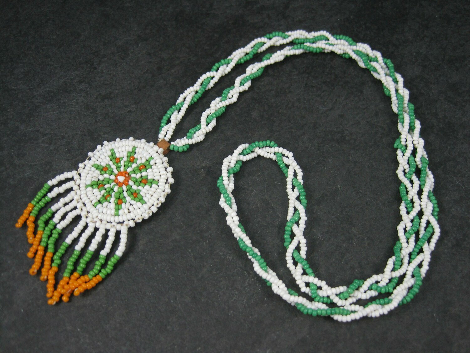 Vintage Sioux Orange Green White Beaded Necklace 26 Inches