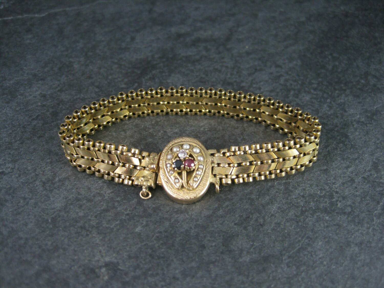 Antique 14K Sapphire Ruby Seed Pearl Bracelet