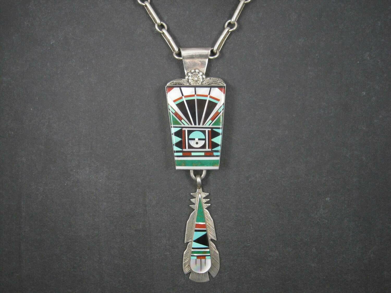 Huge Vintage Zuni Sunface Feather Inlay Pendant Necklace Lucy Ricky Vacit