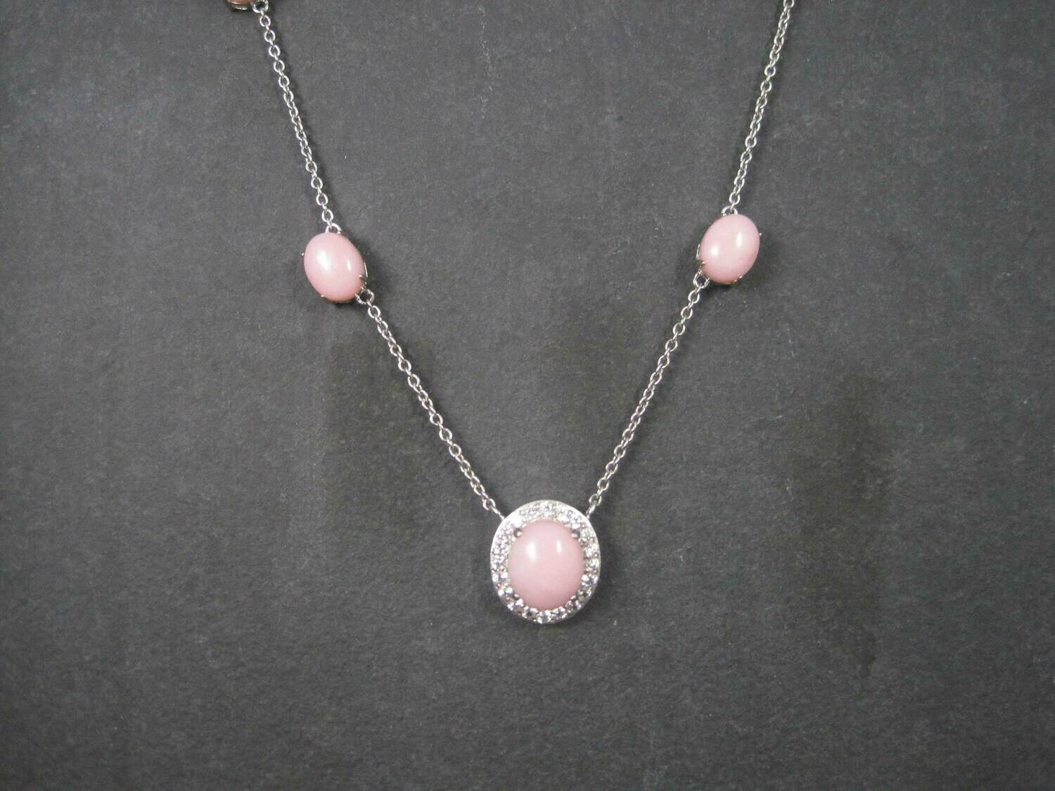 Vintage Sterling Pink Opal Cz Halo Necklace 24 Inches