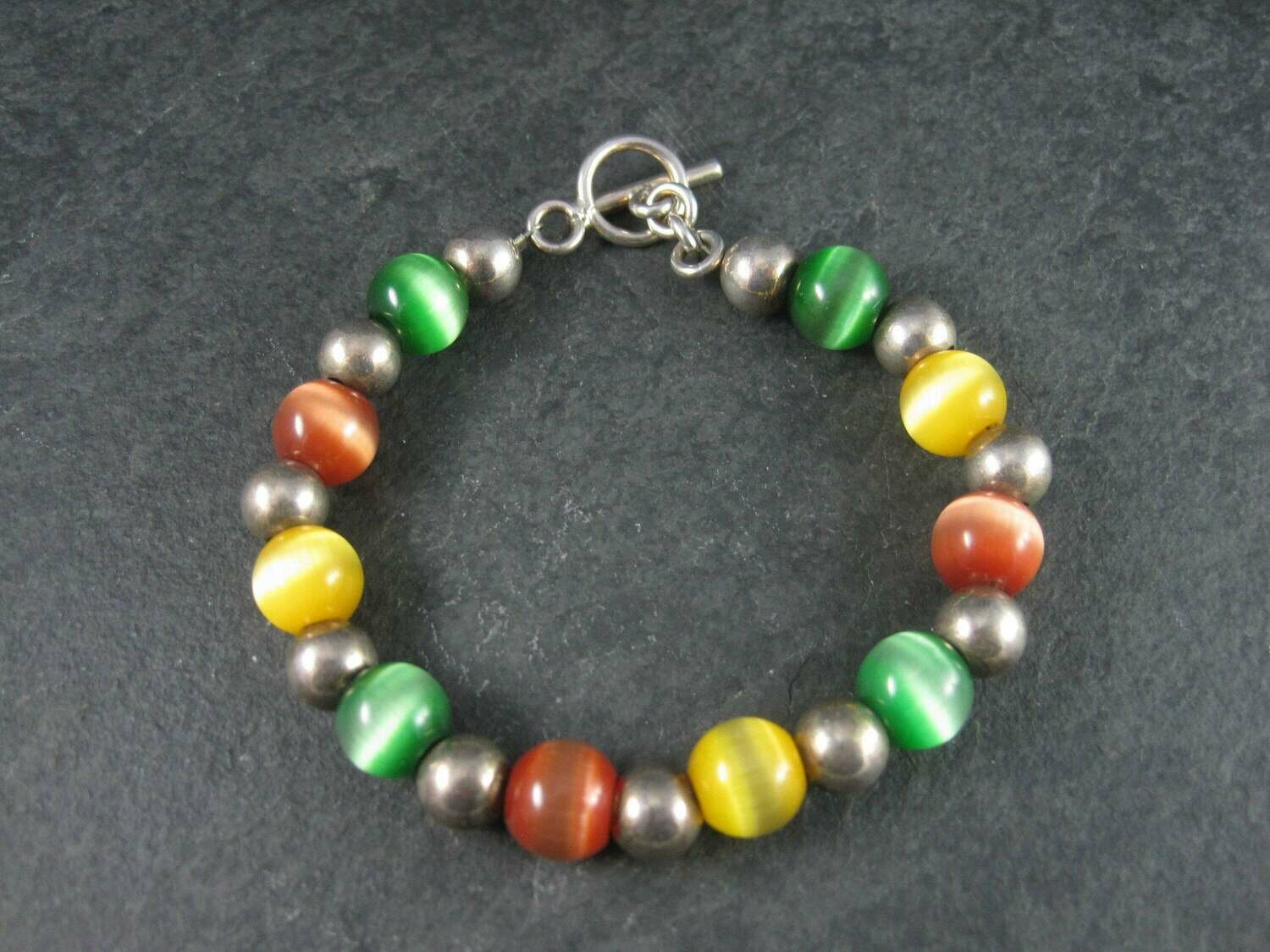 Chunky Vintage Sterling Cats Eye Bead Toggle Bracelet 7.5 Inches