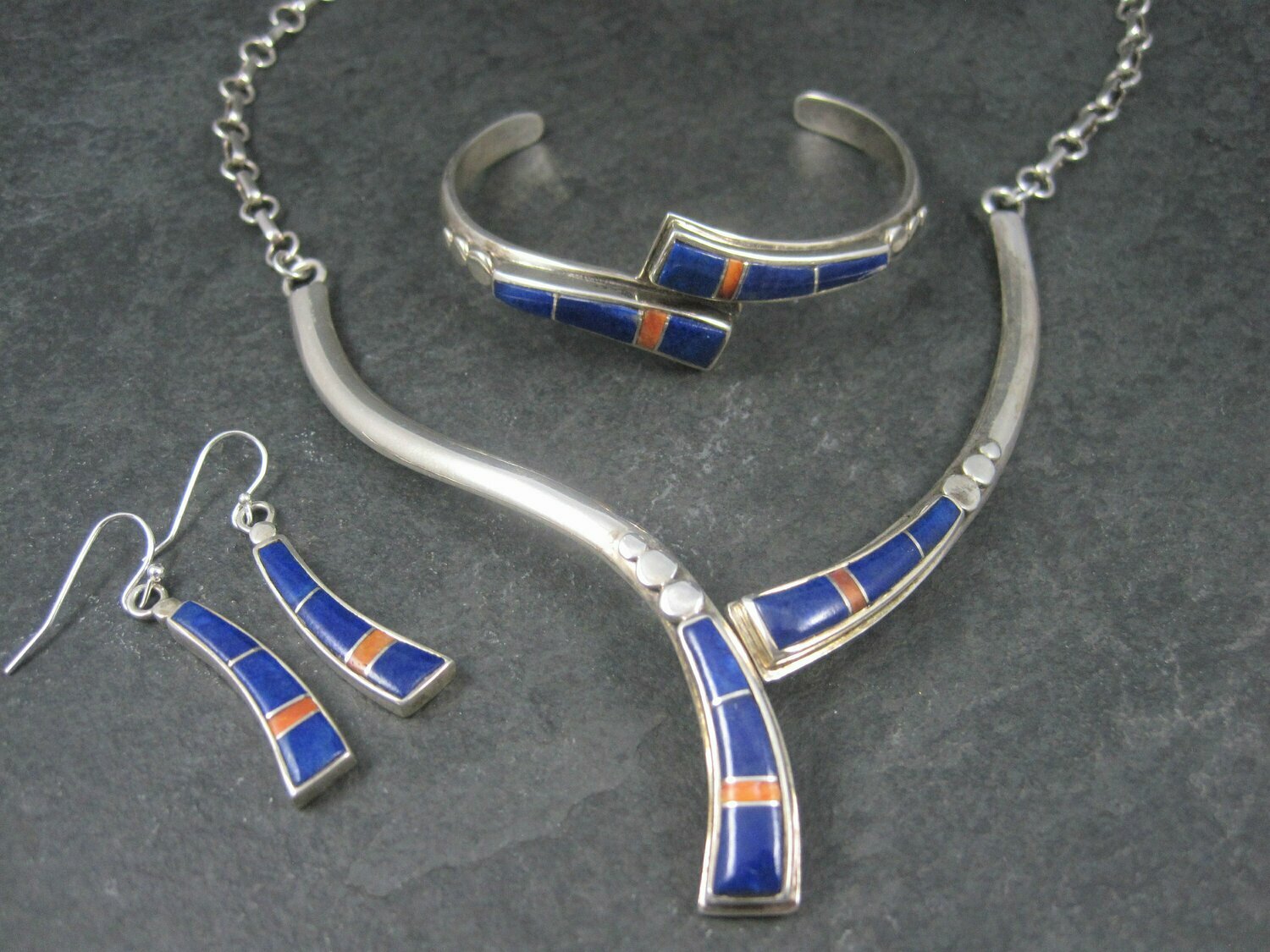 Vintage Southwestern Lapis Coral Inlay Jewelry Set Necklace Cuff Bracelet and Earrings