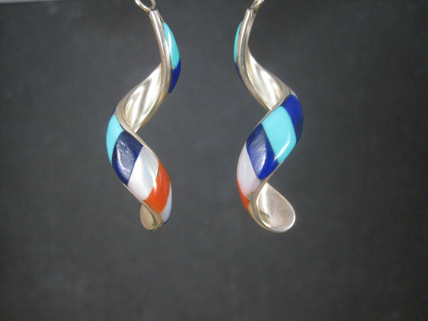 Vintage Southwestern Sterling Red White Blue Inlay Earrings