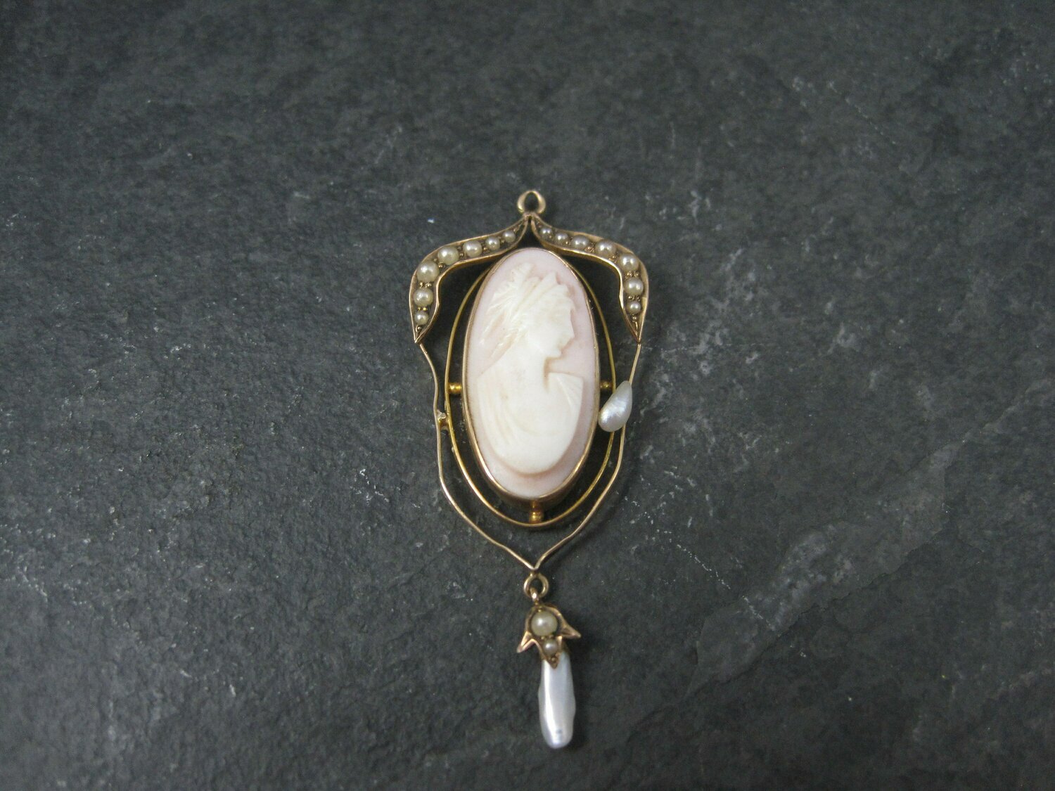 Antique 10K Seed Pearl Cameo Pendant