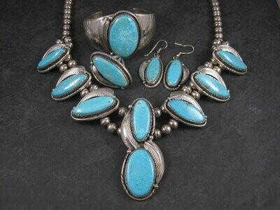 Vintage Navajo Turquoise Jewelry Set Fred Guerro Squash Blossom Cuff Bracelet Ring Earrings
