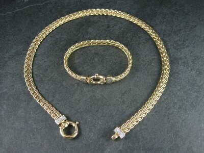 Chunky Vintage Italian 14K Diamond Necklace Bracelet Jewelry Set