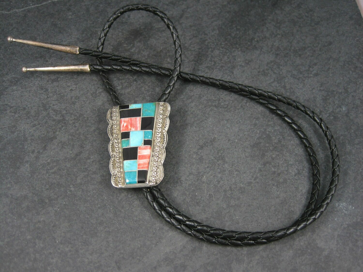 Vintage Sterling Navajo Turquoise Spiny Oyster Onyx Inlay Bolo Tie F Tom