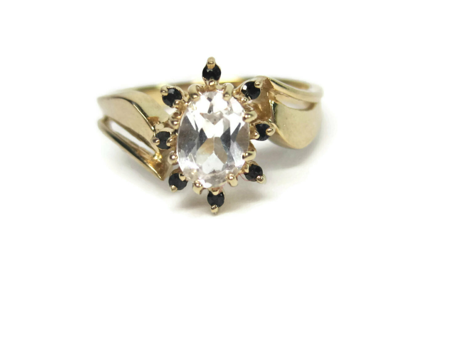 Vintage 14K White Sapphire Black Spinel Ring Size 7