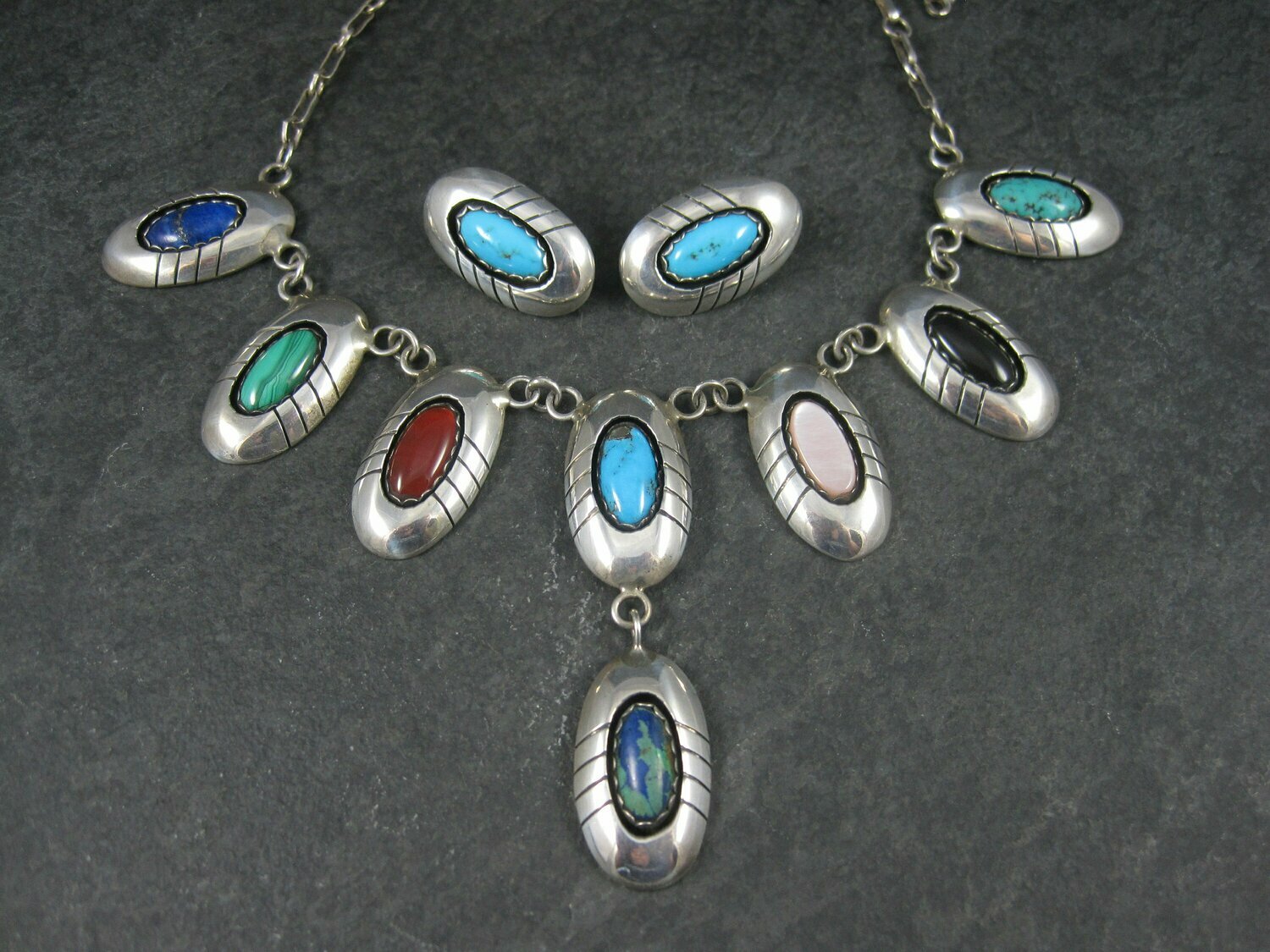 Vintage Navajo Multi Stone Necklace and Earrings Native American Jewelry Set