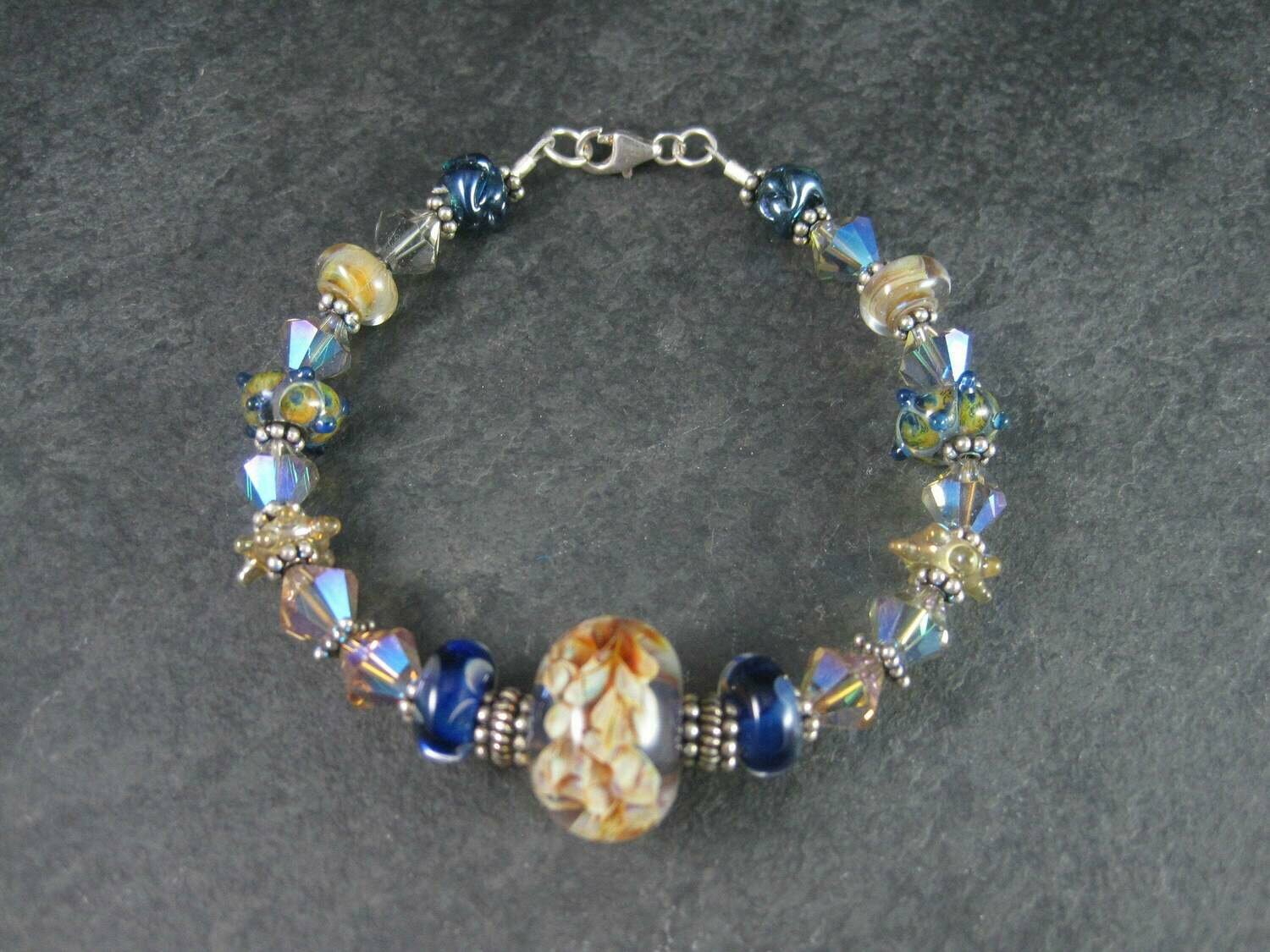 Handmade Blue Amber Lampwork Art Glass Bead Bracelet 8 Inches