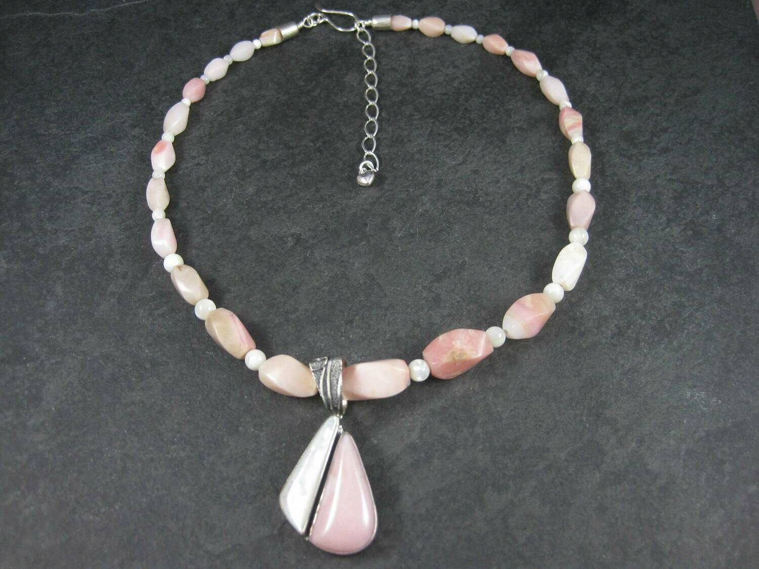 Pink Opal Mother of Pearl Necklace Pendant Jewelry Set