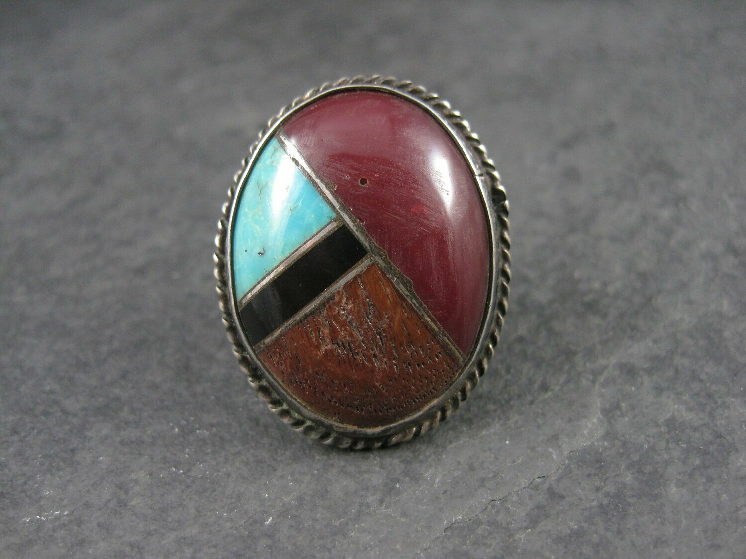Vintage Navajo Turquoise Coral Jet Redstone Inlay Ring Sterling Size 7