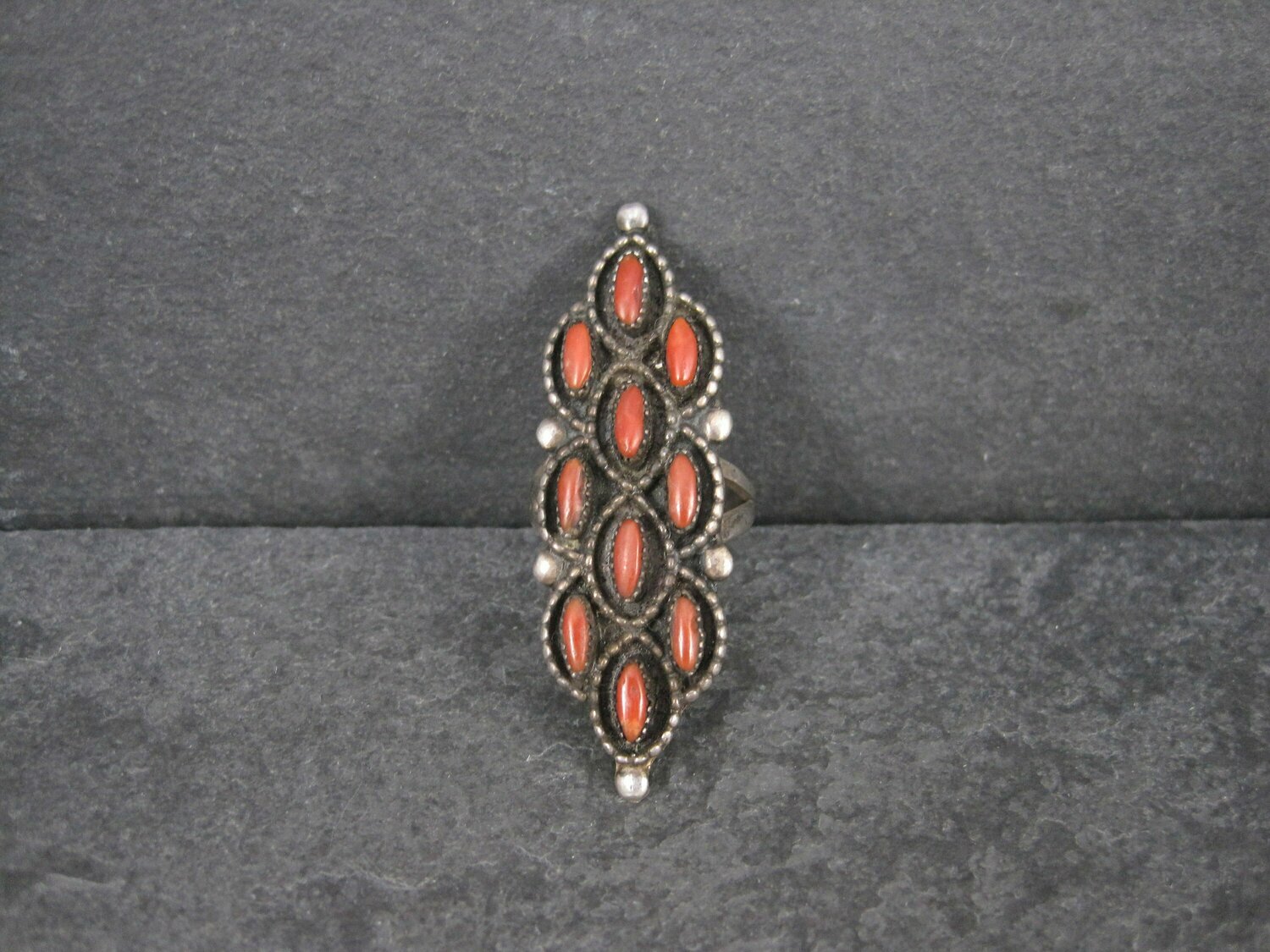 Long Vintage Native American Coral Ring Size 6.5