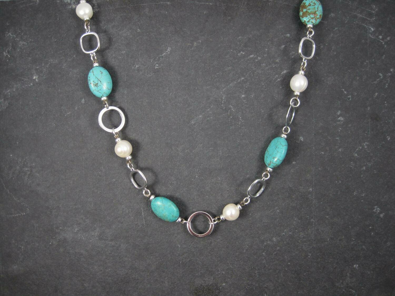 Sterling Turquoise Howlite Pearl Necklace 18 inches