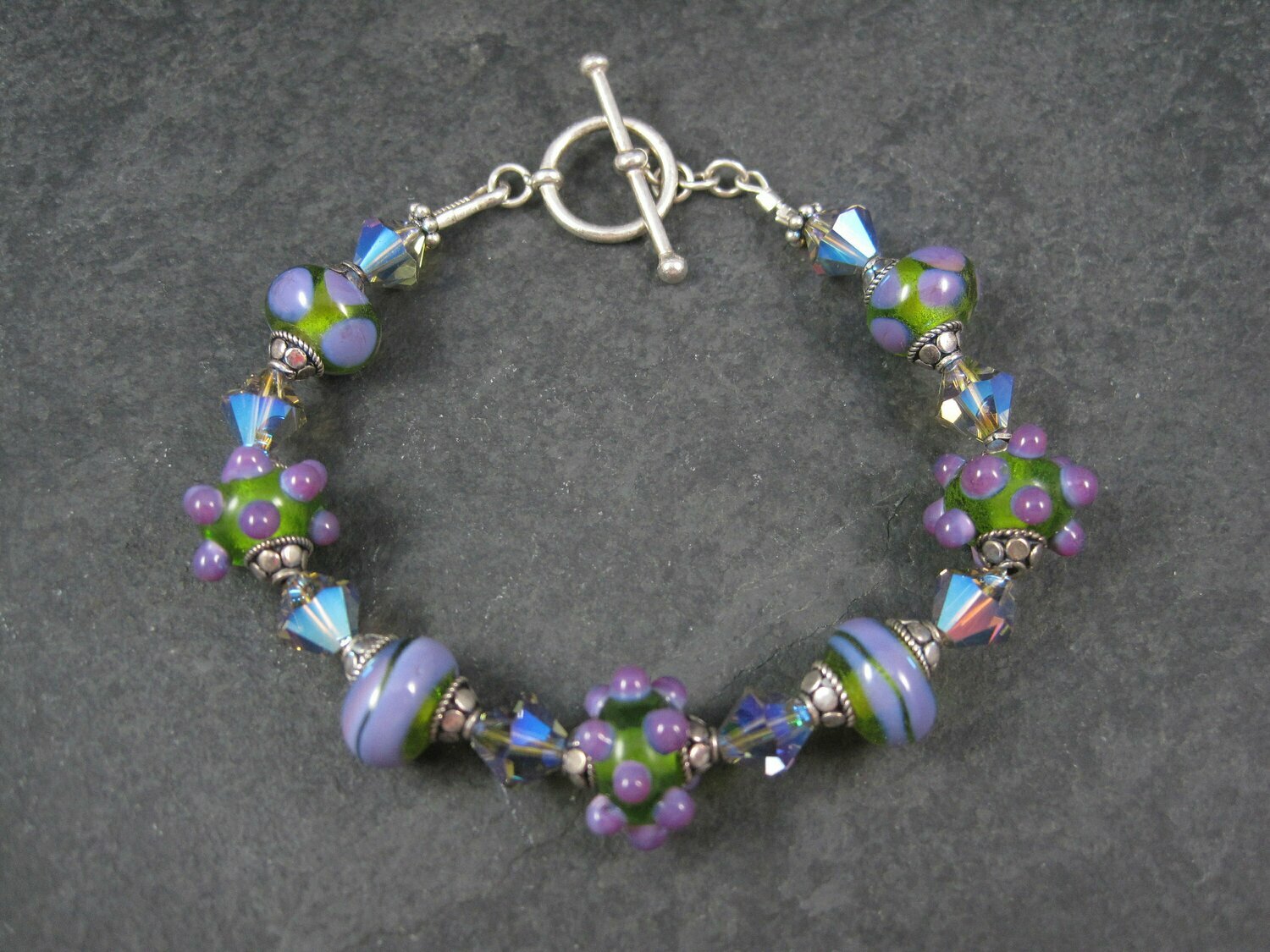 Art Glass Purple and Green Lampwork Toggle Bracelet 8 Inches