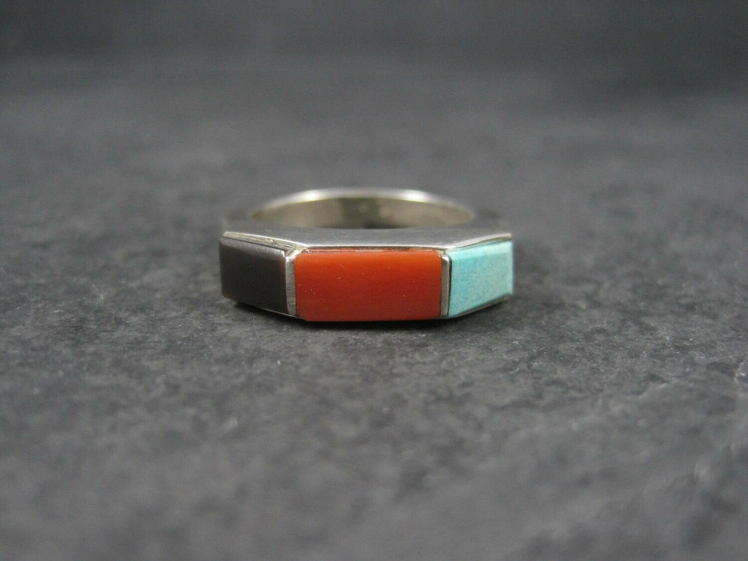 Vintage Sterling Navajo Turquoise Coral Onyx Ring Size 6