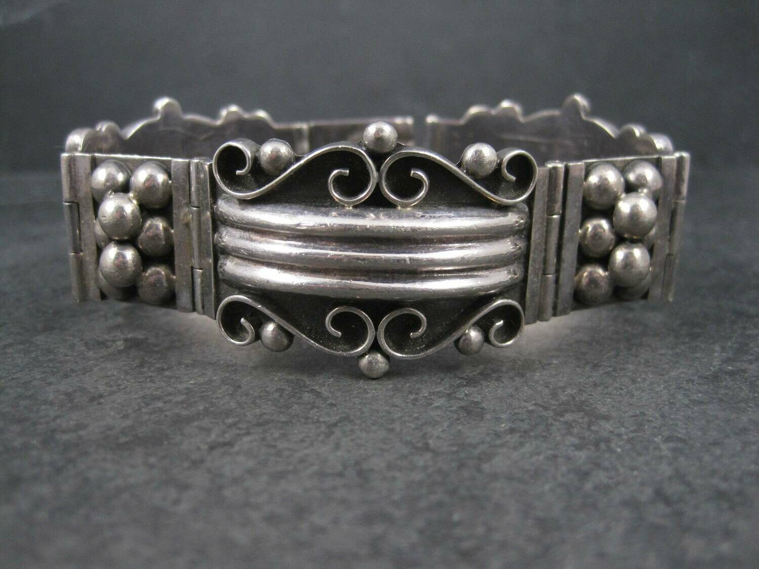 Wide Ornate Vintage Panel Bracelet Mexican Sterling 7.5 Inches