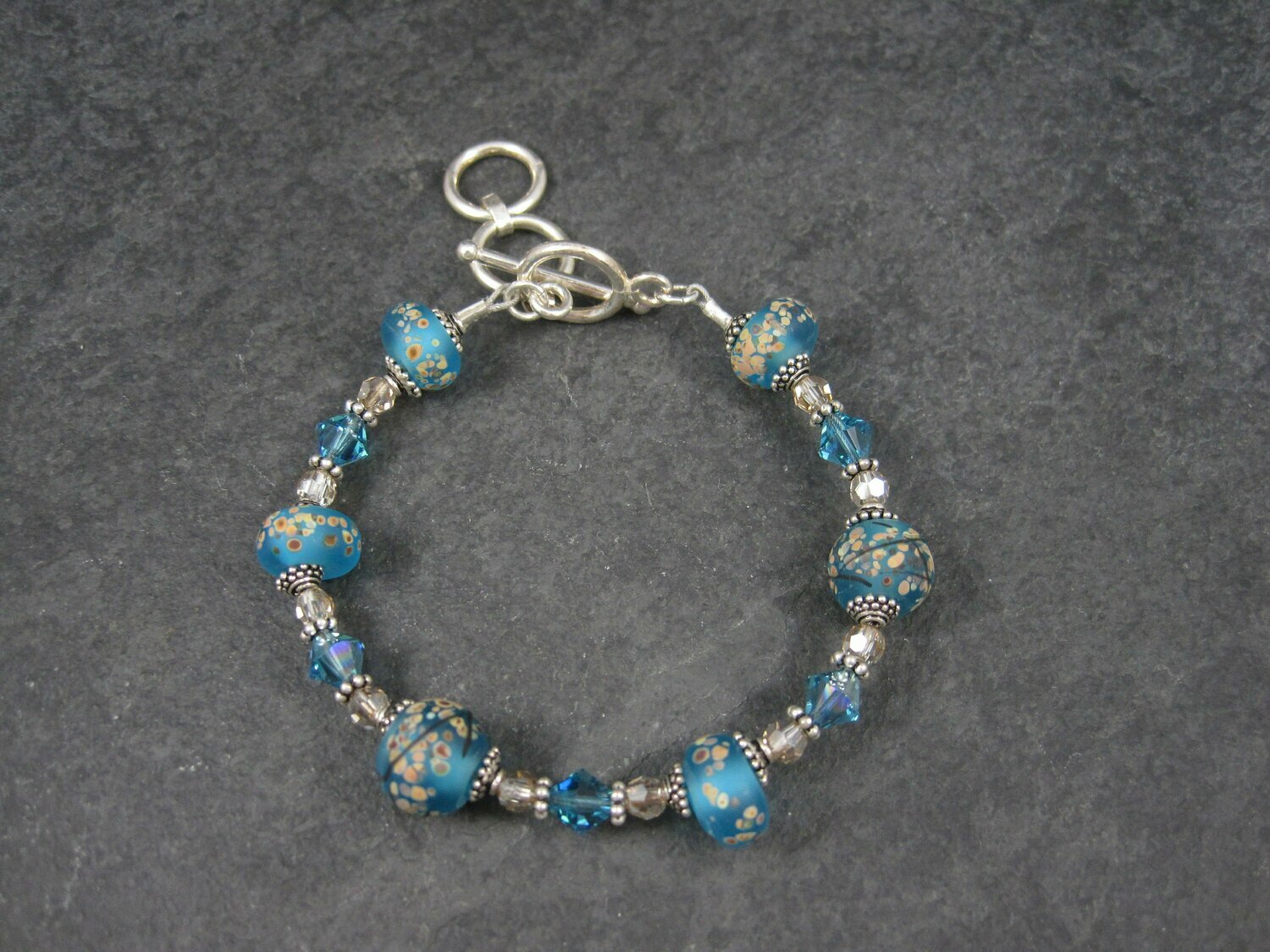 Handmade Blue Lampwork Art Glass Bead Bracelet 7-8 Inches
