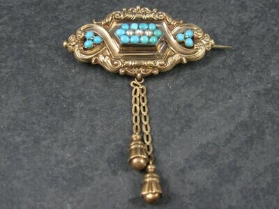 Antique Victorian 14K Turquoise Pearl Brooch Pendant