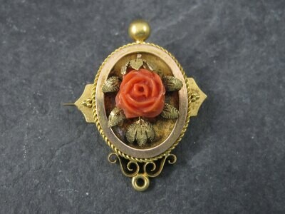 Antique Victorian 14K Coral Rose Brooch Pendant