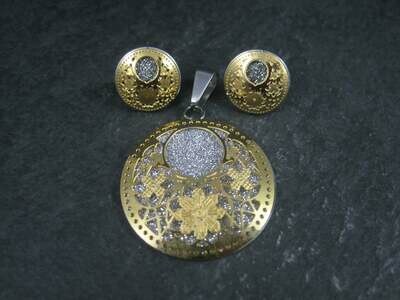Vintage Filigree Floral Pendant Earrings Jewelry Set Stainless Steel
