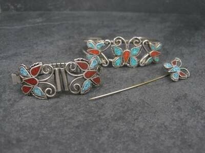 Vintage Southwestern Coral Turquoise Butterfly Jewelry Set Cuff Bracelet Stick Pin Watch Band